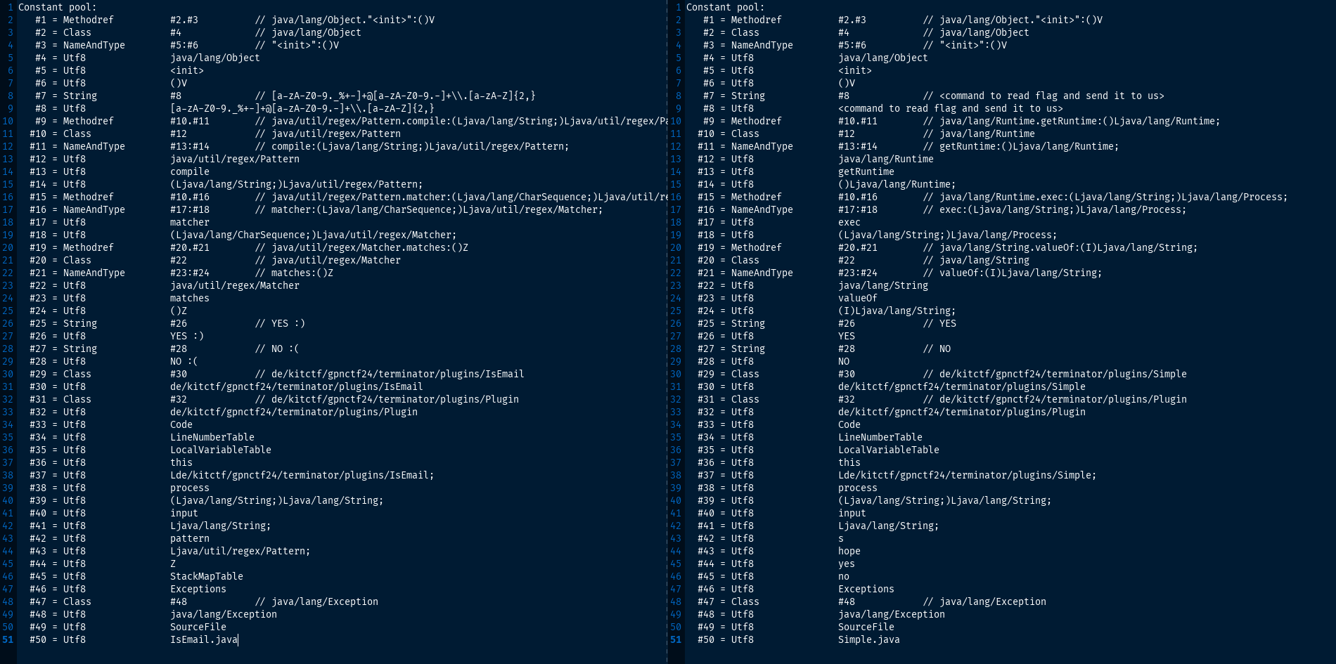 A comparison of two constant pools. Each pool consists of 50 lines (&ldquo;entries&rdquo;), each consisting of the index, an equal sign, the data type, and the value.