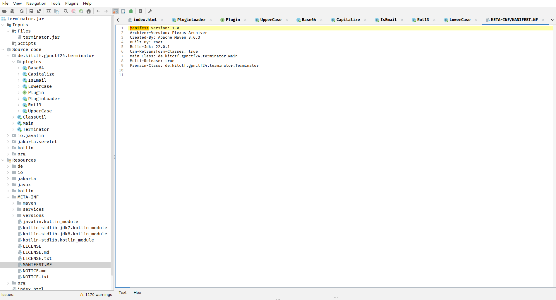 A screenshot of jadx with the JAR file from the challenge opened. On the left side, there is al list of all classes and resource files in the JAR. Among them is the <code>MANIFEST.MF</code> file, that is opened on the right side. It contains some key-value pairs, including <code>Premain-Class: de.kitctf.gpnctf24.terminator.Terminator </code>