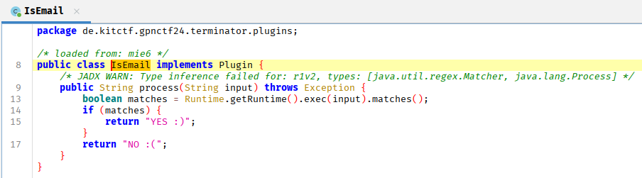 A screenshot from jadx with our modified classfile. jadx shows a warning: <code>Type inference failed for: r1v2, types: [java.util.regex.Matcher, java.lang.Process]</code>