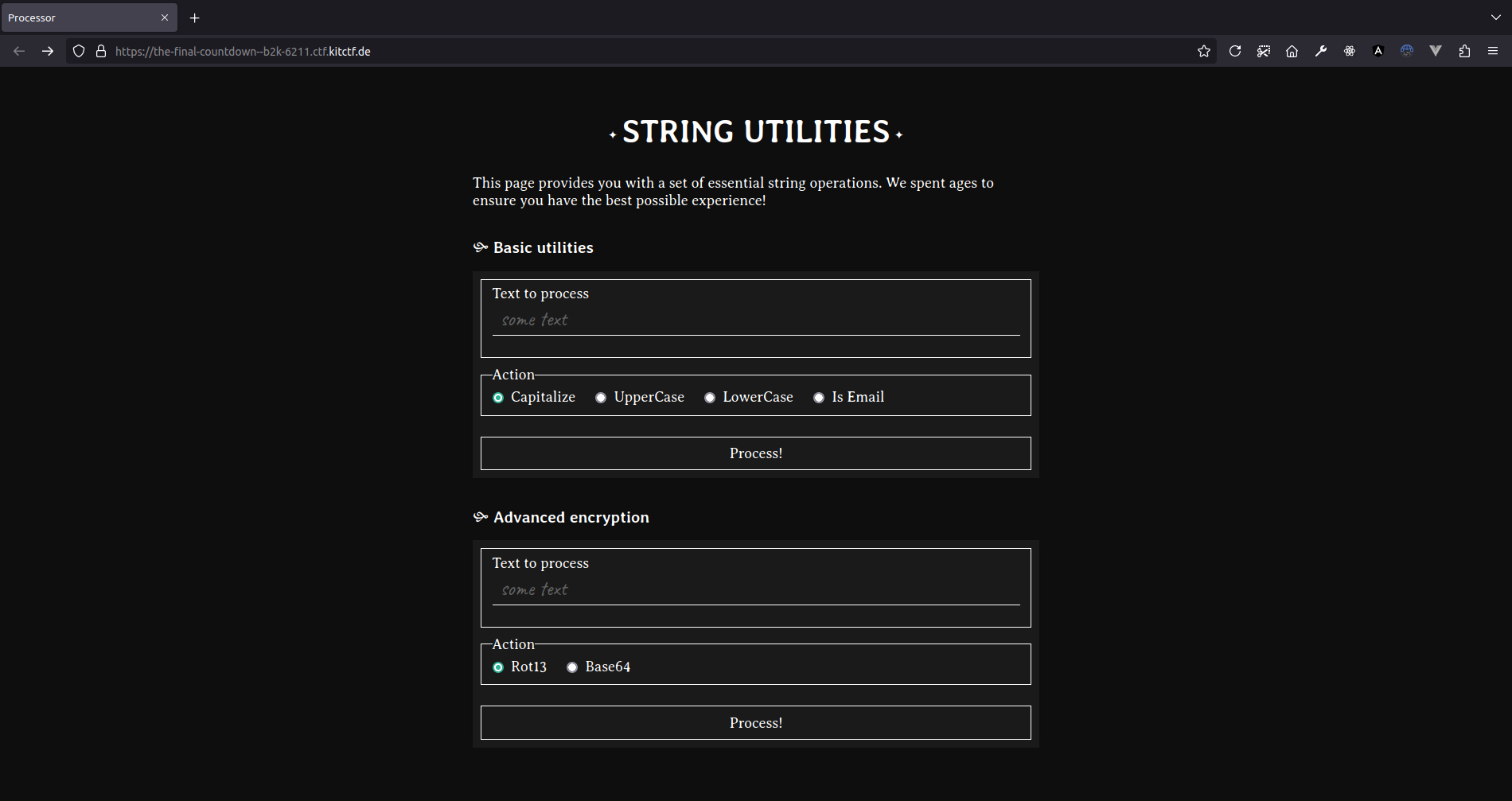 A screenshot from the website served by the Java application. Below the heading &ldquo;STRING UTILITIES&rdquo; there are two sections &ldquo;Basic utilities&rdquo; and &ldquo;Advanced encryption&rdquo;. In both sections there is text input field, some radiobuttons to select the operation and a &ldquo;Process!&rdquo; button. The first section offers the operations capitalize, upper case, lower case and is email; the second one ROT 13 and base 64.